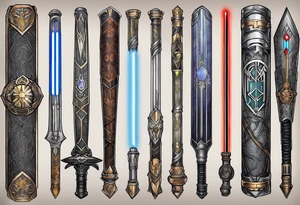 Star wars light saber, lord of the rings fellowship, and Harry potter with Harry Hermione and Ron.  In one tattoo idea