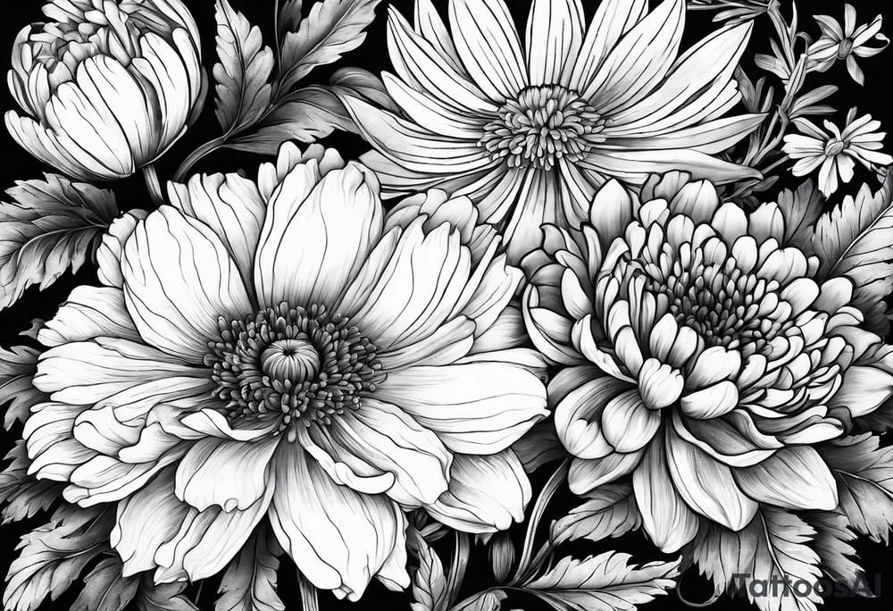 Three Flowers: marigold, chrysanthemum, narcissus tattoo idea