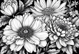 Three Flowers: marigold, chrysanthemum, narcissus tattoo idea