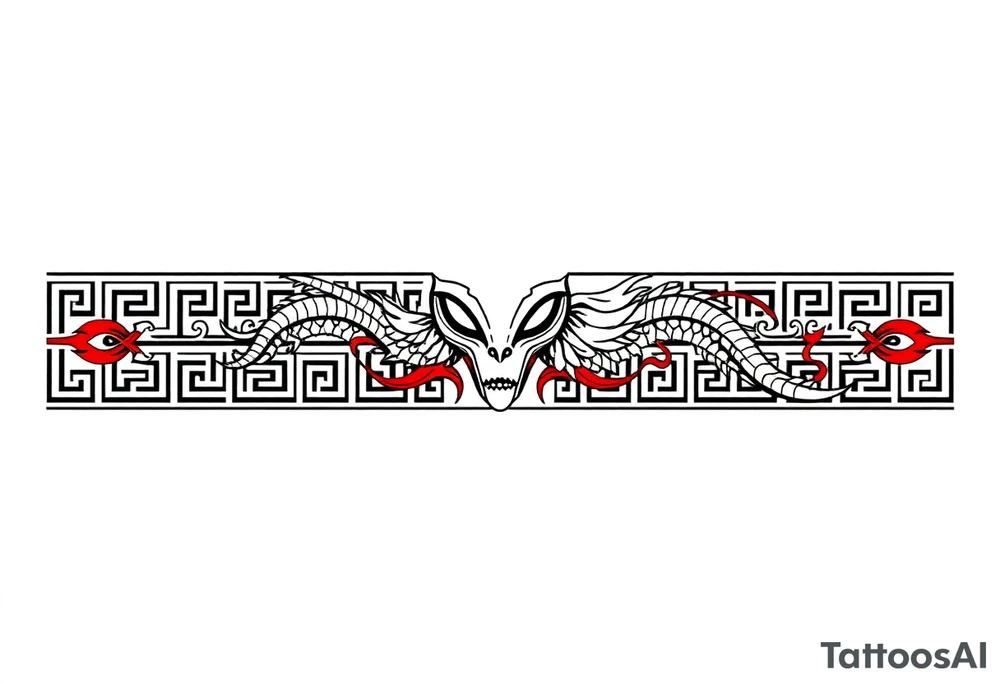 "Tattoo stencil, ultra-thin horizontal band (ratio 10:1), black and red line art. Fusion of:  
- Greek meander pattern,  
- Neo-tribal sharp angles,  
- Chinese dragon scales (black) and phoenix feathers (red),  
- Alien head (stylized as ancient Greek artifact with tribal dots and sharp angles).  

Hidden details: small Bagua trigrams in corners. Alien head integrated into the meander as a hidden symbol (subtle, not dominant). Seamless repeating pattern, NO background, perfect for forearm wrap-around.  

Style: intricate line art, inspired by ancient Greek pottery, dotwork tattoos, and neo-tribal geometry. All elements must harmonize — alien looks like part of the cultural fusion." tattoo idea