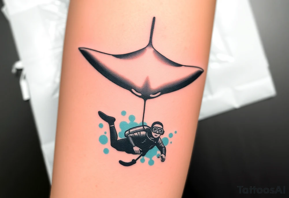 Manta ray silhouette above, scuba diver underneath, water background tattoo idea