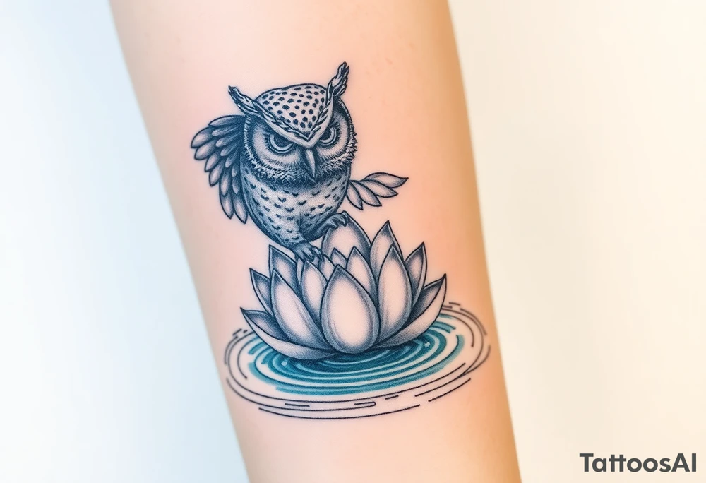 A wise owl grabbing a serene lotus flower that's emerging from sacred waters with ripples tattoo idea