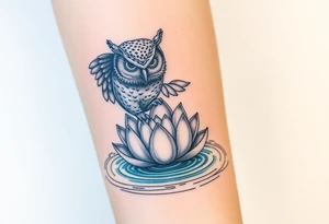 A wise owl grabbing a serene lotus flower that's emerging from sacred waters with ripples tattoo idea