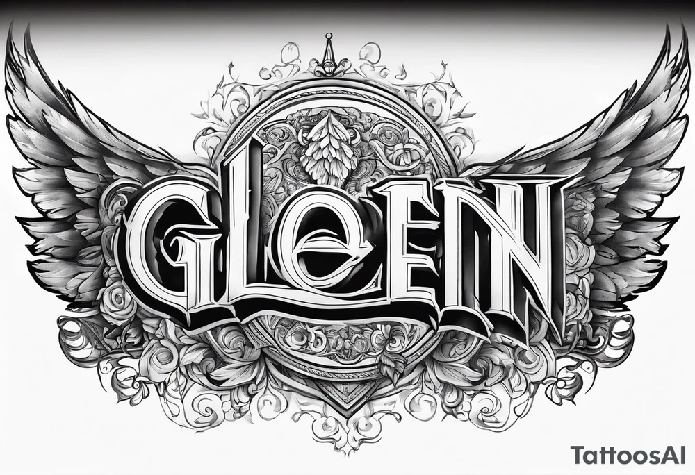 The word Glenn on a banner with angel Wings tattoo idea