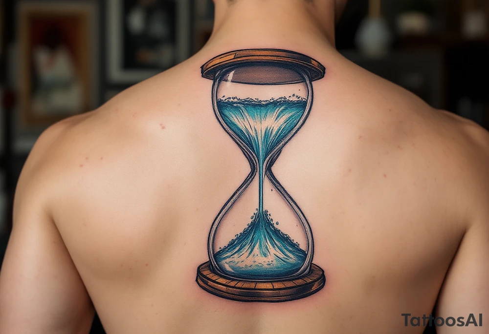 A waterfall flowing from an hourglass, with shimmering teal and silver water cascading into the unknown. tattoo idea