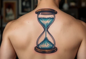 A waterfall flowing from an hourglass, with shimmering teal and silver water cascading into the unknown. tattoo idea