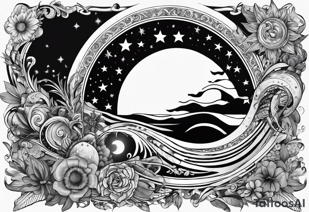 Collage for full left arm sleeve with:
a sun with a quarter moon, 
2 stars,
bass guitar, 
caduceus symbol tattoo idea