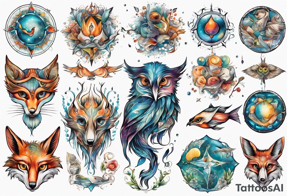 fisch, fuchs und eule , symetrie universum, bunt tattoo idea