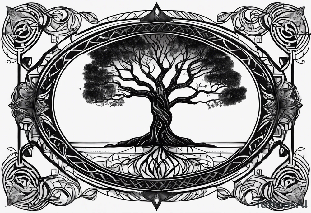 create a tree of life fusing with the tree of knowledge. tattoo idea