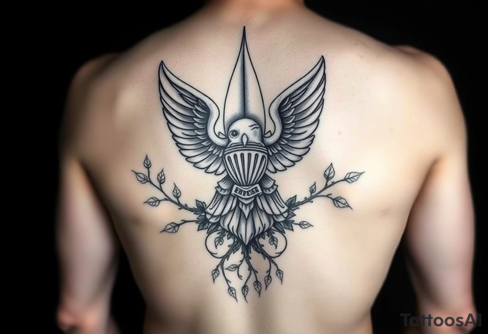 it will be a full sleeve, with the top half is an eagle scout symbol combined with the army national guard cook (92G) emblem and it's intertwined with vines symbolizing growth. it will transition into a autistic-steampunk-gothic-rock theme for the bottom half of the sleeve. representing my life up till now. tattoo idea