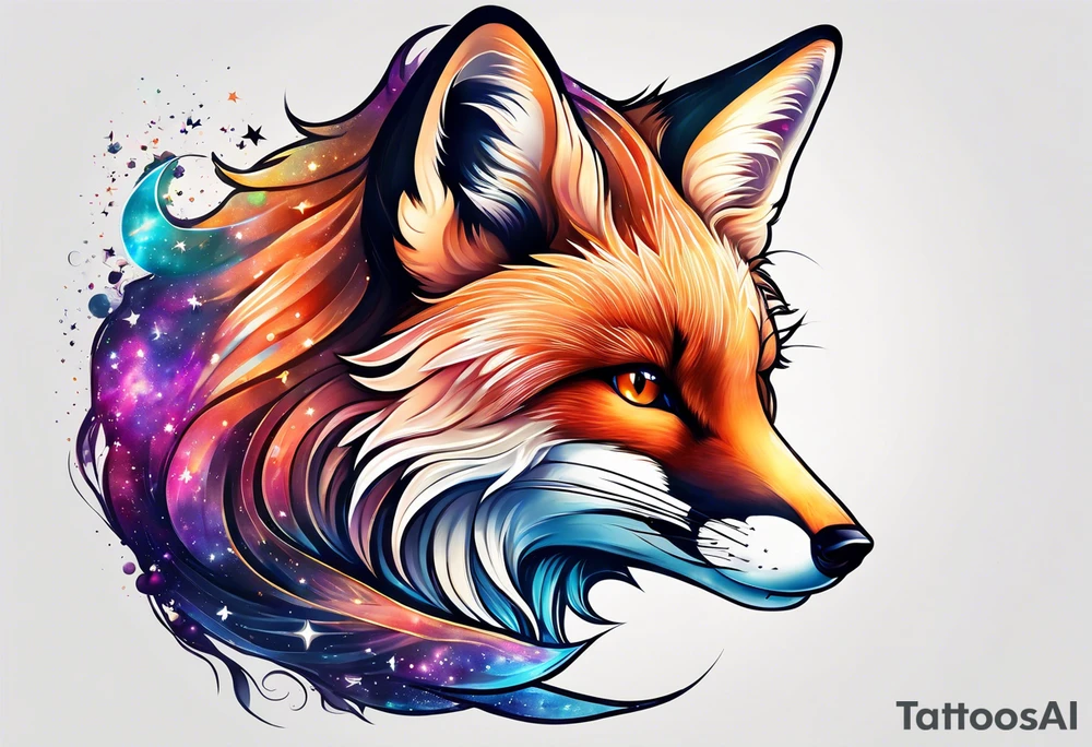 vibrant fox, galaxy, stars tattoo idea