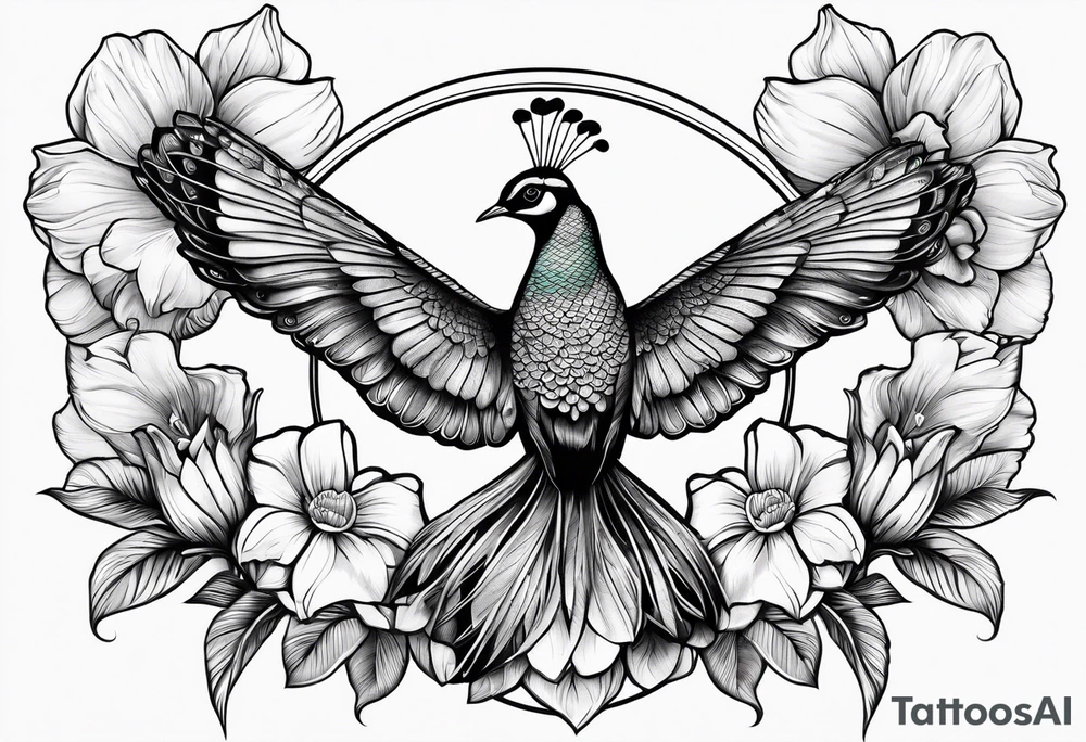 Peacock feather, butterfly, narcissus flower and hummingbird calf tattoo idea
