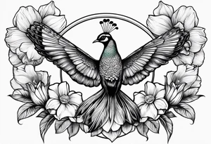 Peacock feather, butterfly, narcissus flower and hummingbird calf tattoo idea