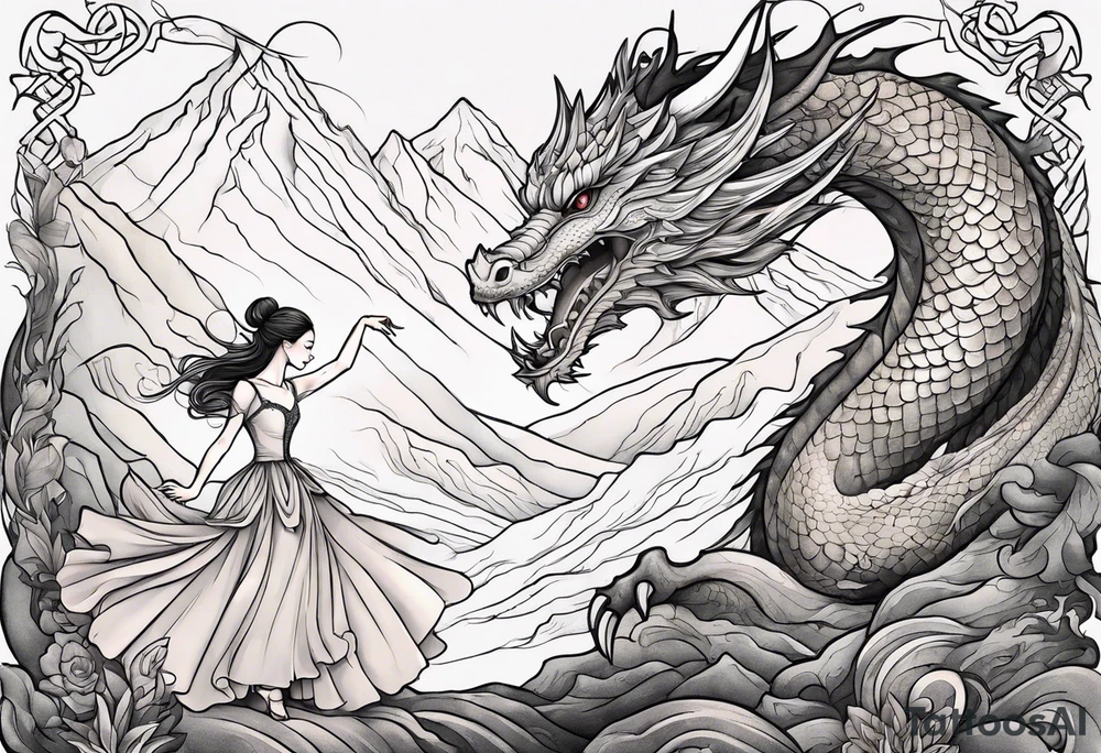 ballerina dancing with dragon in the mountains tattoo idea
