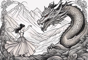 ballerina dancing with dragon in the mountains tattoo idea