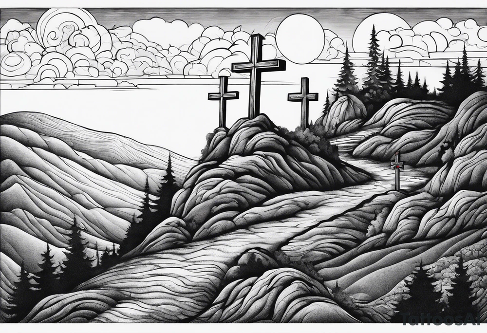 3 people on crosses on a hill facing west tattoo idea
