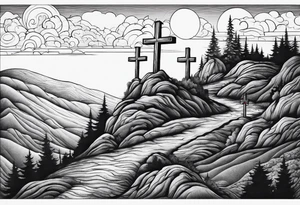 3 people on crosses on a hill facing west tattoo idea