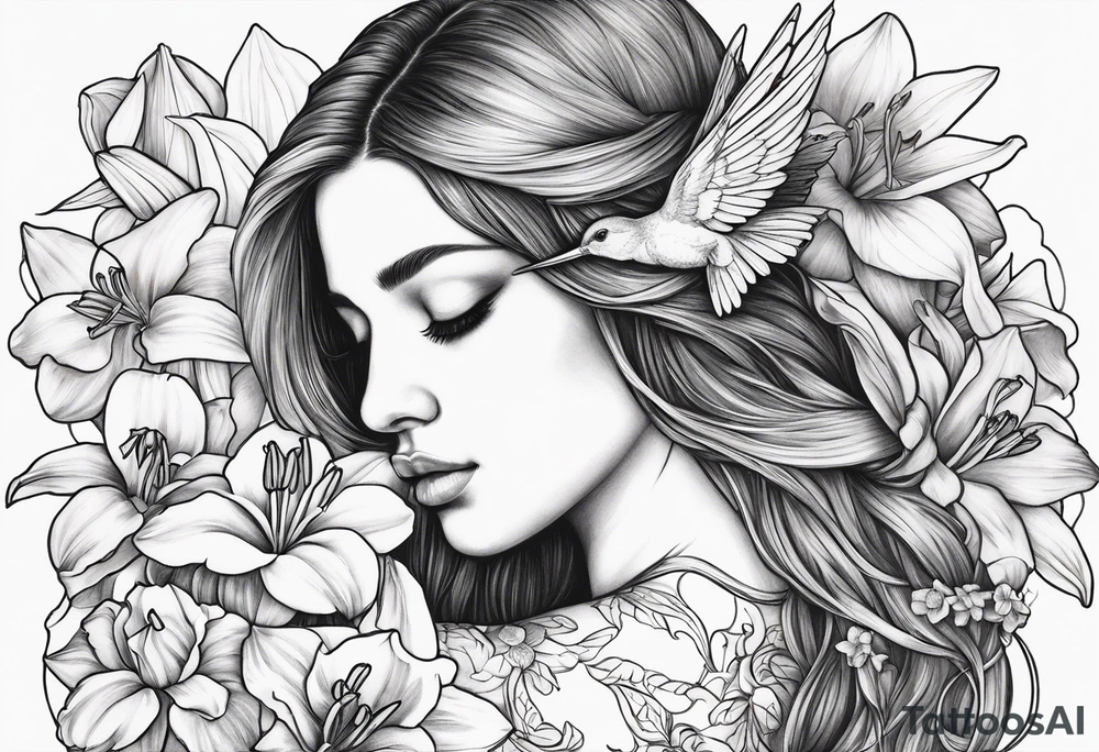 sad angel from behind with head down and face covered by her hair surrounded by lily, daffodil, rose, daisy, narcissus holding a hummingbird tattoo idea