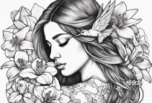 sad angel from behind with head down and face covered by her hair surrounded by lily, daffodil, rose, daisy, narcissus holding a hummingbird tattoo idea