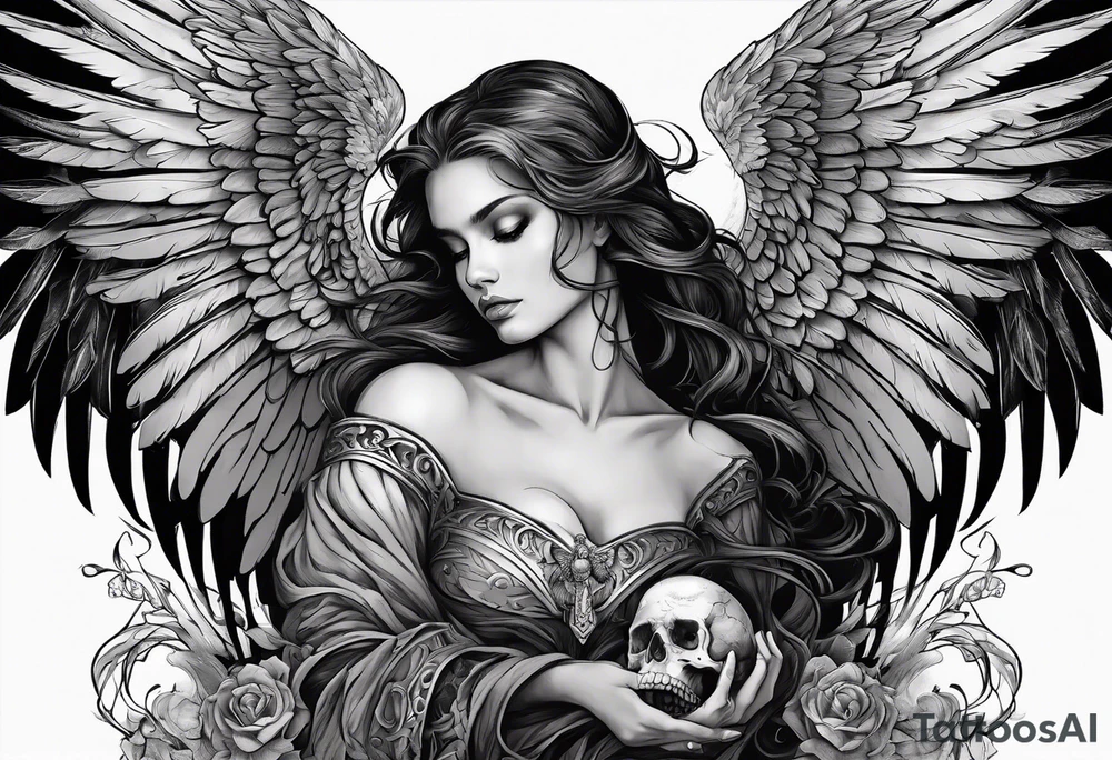 Angel in black holding a skull walking on scorched earth tattoo idea