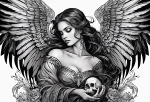 Angel in black holding a skull walking on scorched earth tattoo idea