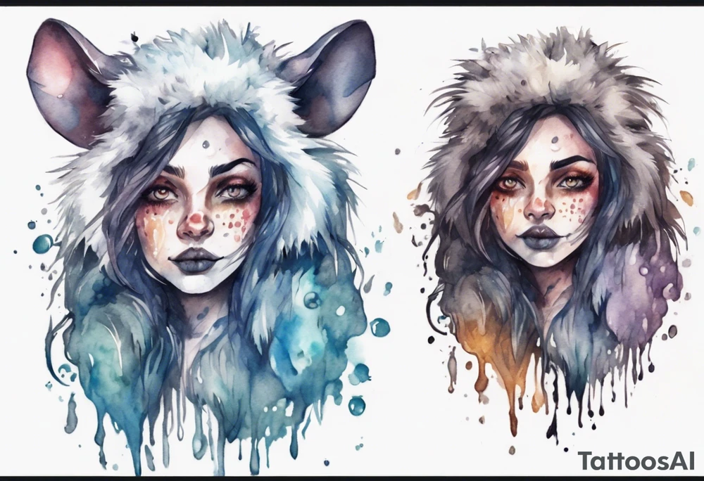 a giant mole woman with large dark eyes white glowing fur and messy of dark hair on its head tattoo idea