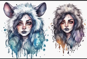 a giant mole woman with large dark eyes white glowing fur and messy of dark hair on its head tattoo idea