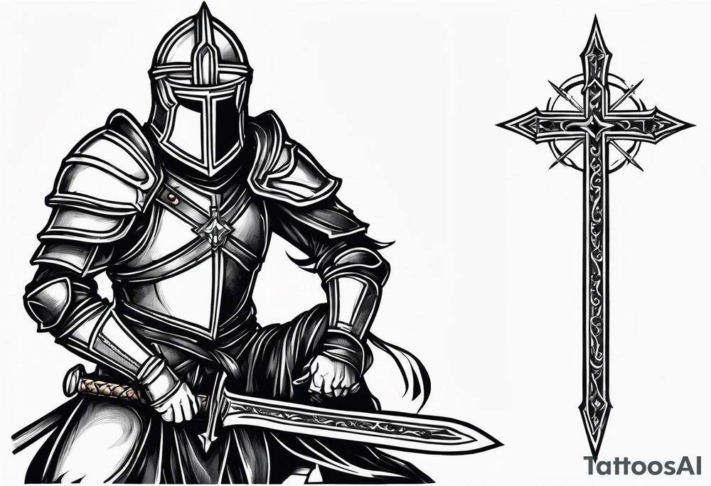 Crusader warrior holding a sword and wearing a cross on their armor, kneeling tattoo idea