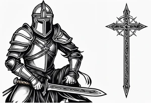 Crusader warrior holding a sword and wearing a cross on their armor, kneeling tattoo idea