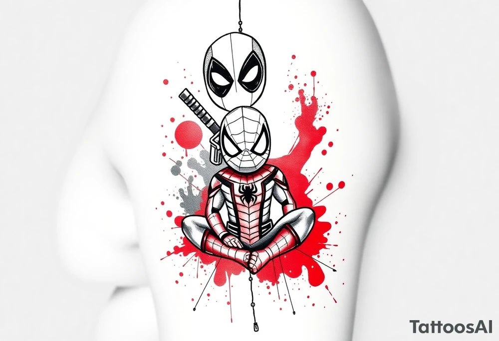 A vertical stacked tattoo design for a half-sleeve on a white background. At the top is a chibi Deadpool character in a bold ink sketch style. At the bottom is a chibi Spider-Man character sitting cross-legged in a loose pencil sketchbook style. High contrast black and grey shading. The two characters are connected by loose, energetic sketch lines and a thin spiderweb thread hanging between them. Dramatic, stylized splashes of bright, vibrant watercolor red ink splatter bursting out around both characters' suits, bleeding into the negative space. Tattoo flash sheet style, crisp linework. tattoo idea