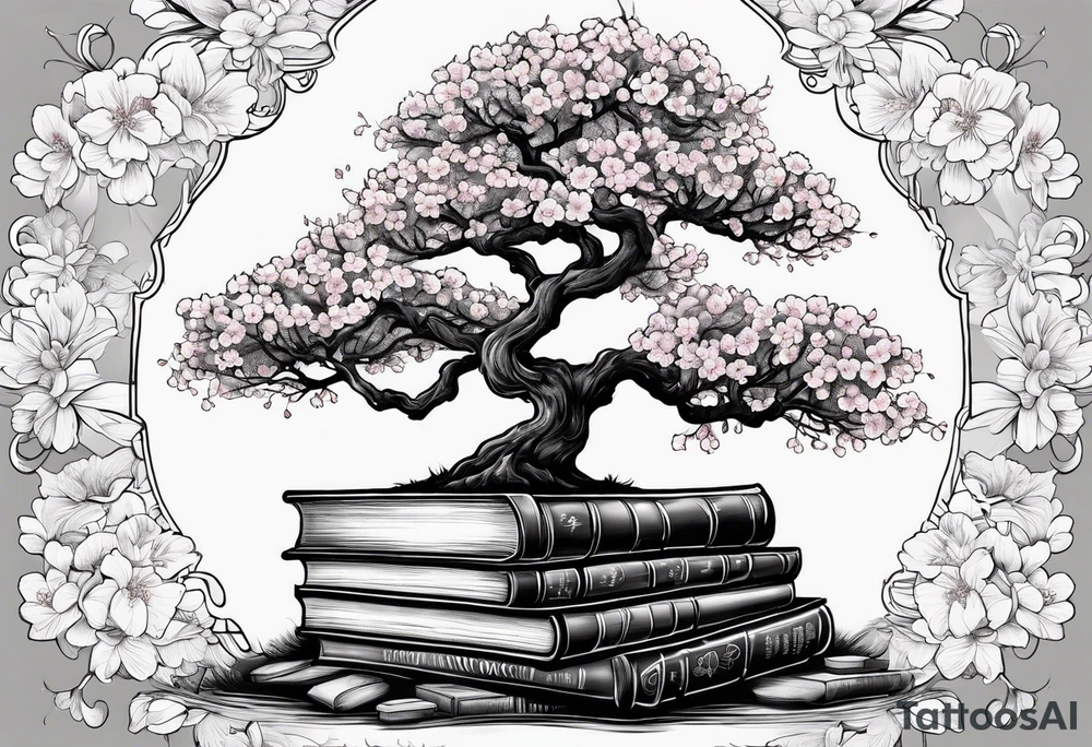 Cherry blossom tree growing out of a stack of books tattoo idea