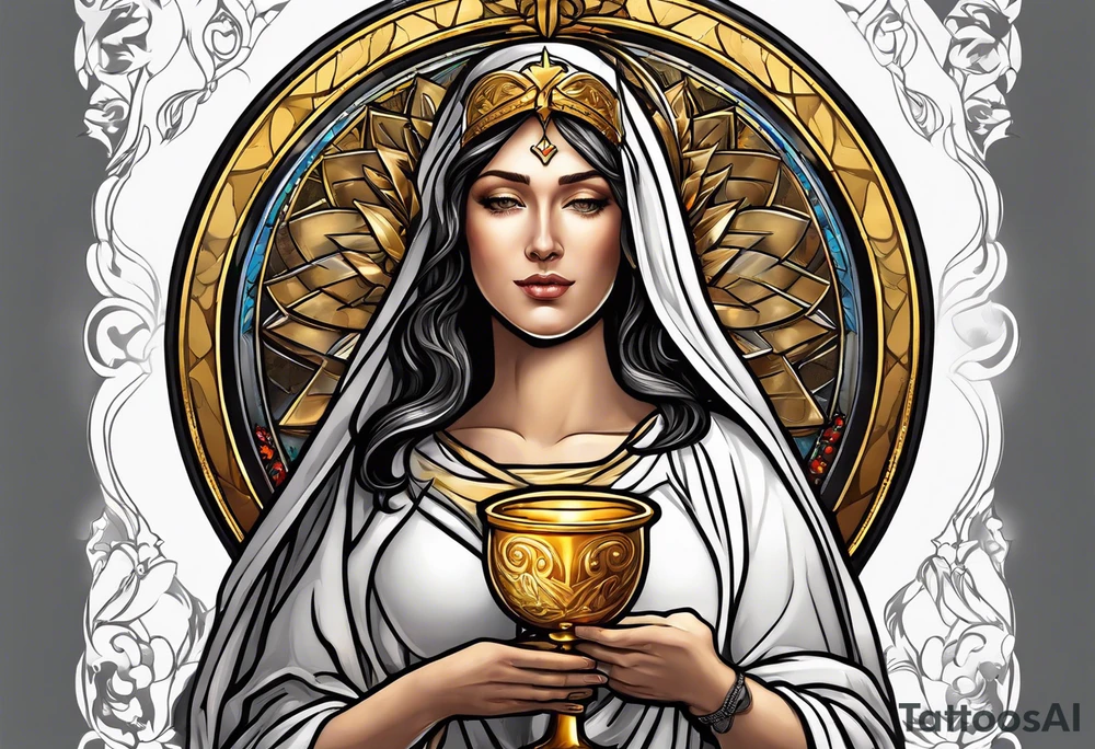 holy saint woman with golden halo holding a chalice tattoo idea