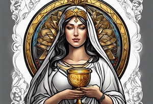 holy saint woman with golden halo holding a chalice tattoo idea
