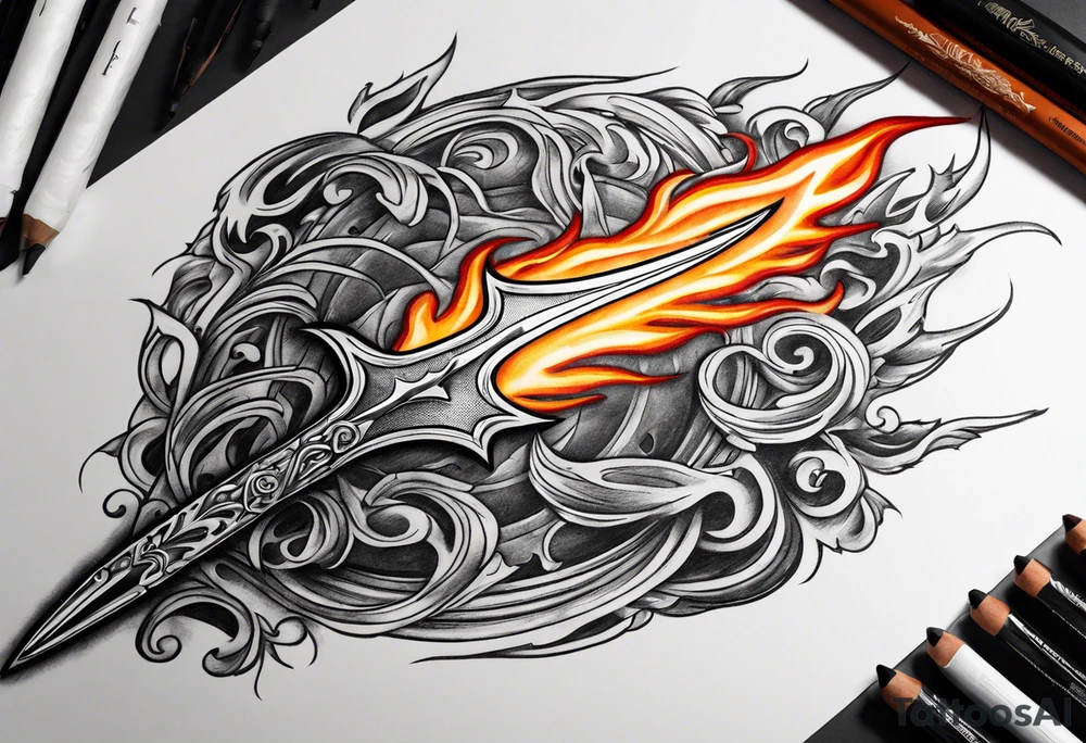 trident in flame tattoo idea