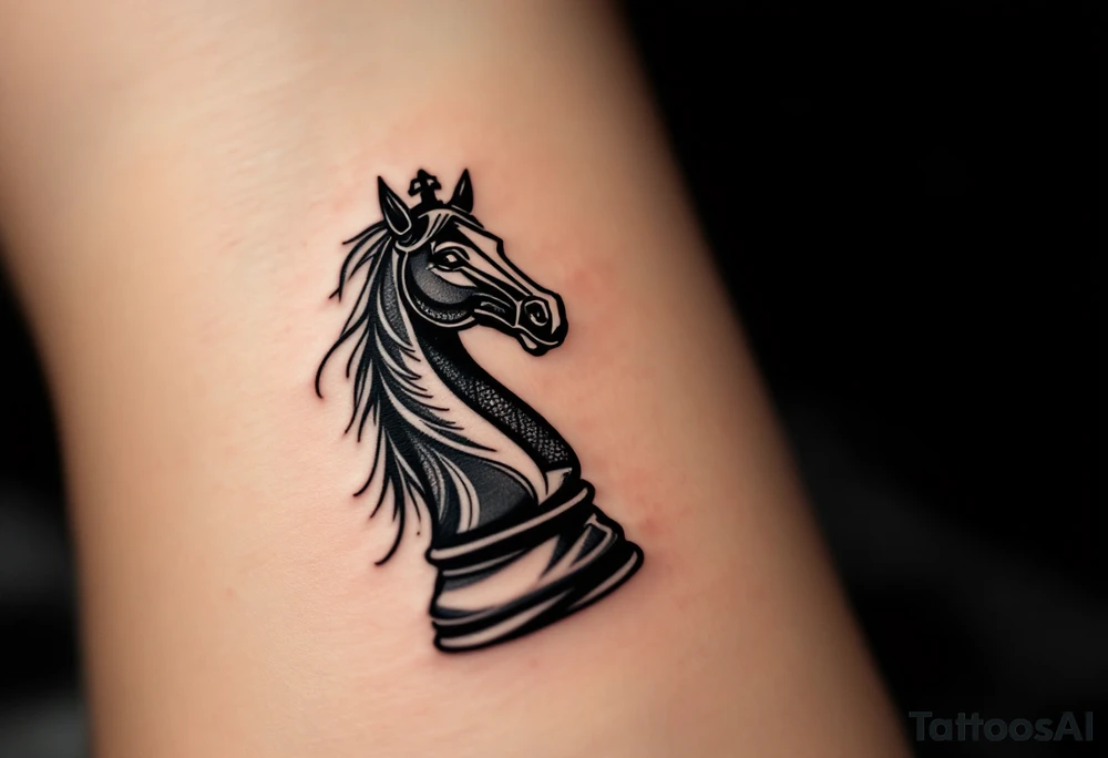 a knight of chess piece. it doesn't have legs, it's a chess piece. 
The knight piece is depicted in motion, slightly tilted forward as if it's charging or coming out of the shadows. The knight’s face is detailed but with a focus on the horse's strong features: its mane flowing in the wind, and the body etched with intricate details to represent strength and agility. The knight is emerging from a shadow, with the front part of the body illuminated in soft, warm light. The shadowed portions near the back and tail create a mystical aura. tattoo idea