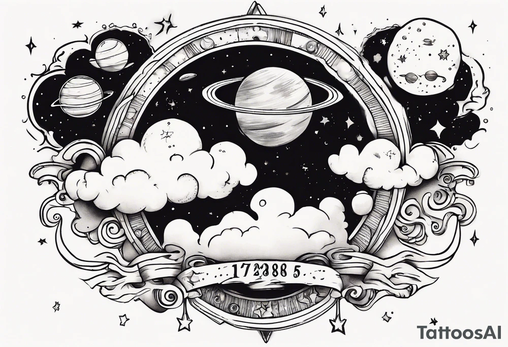 a cloud with planets and the date 12.08.05 tattoo idea