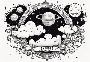 a cloud with planets and the date 12.08.05 tattoo idea