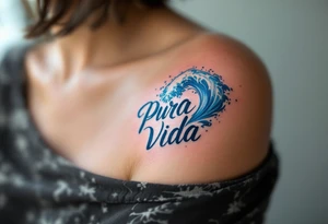 “Pura Vida” in freehand script flowing into a wave, shaded in gradient tones of blue and white. tattoo idea