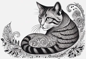 Illustrate a small tattoo of a tabby cat curled up, surrounded by gentle swirls or floral elements to enhance its cozy vibe tattoo idea