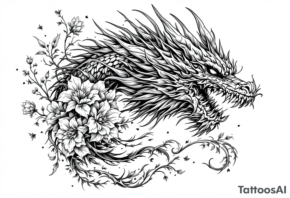 majestic scary dragon with flowers tattoo idea