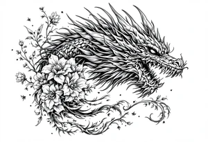 majestic scary dragon with flowers tattoo idea