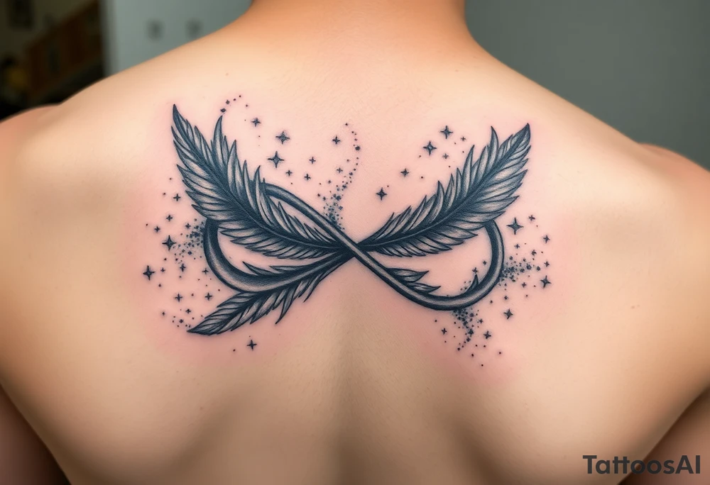 infinity symbol woven with floating feathers and stardust tattoo idea