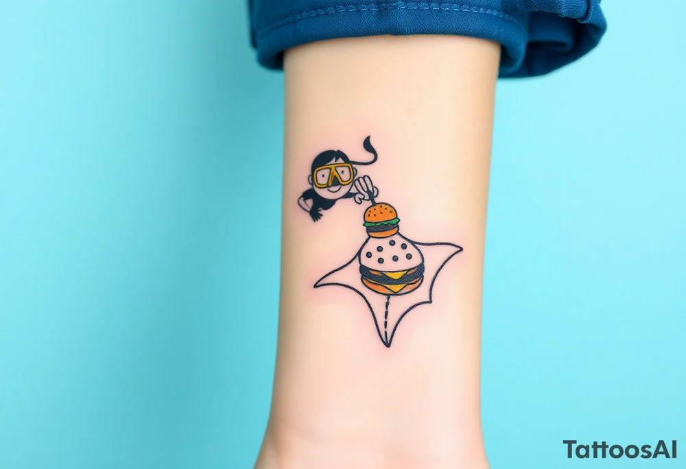 Scooba diver, diving with manta ray with burger on his hand tattoo idea