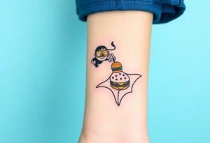 Scooba diver, diving with manta ray with burger on his hand tattoo idea