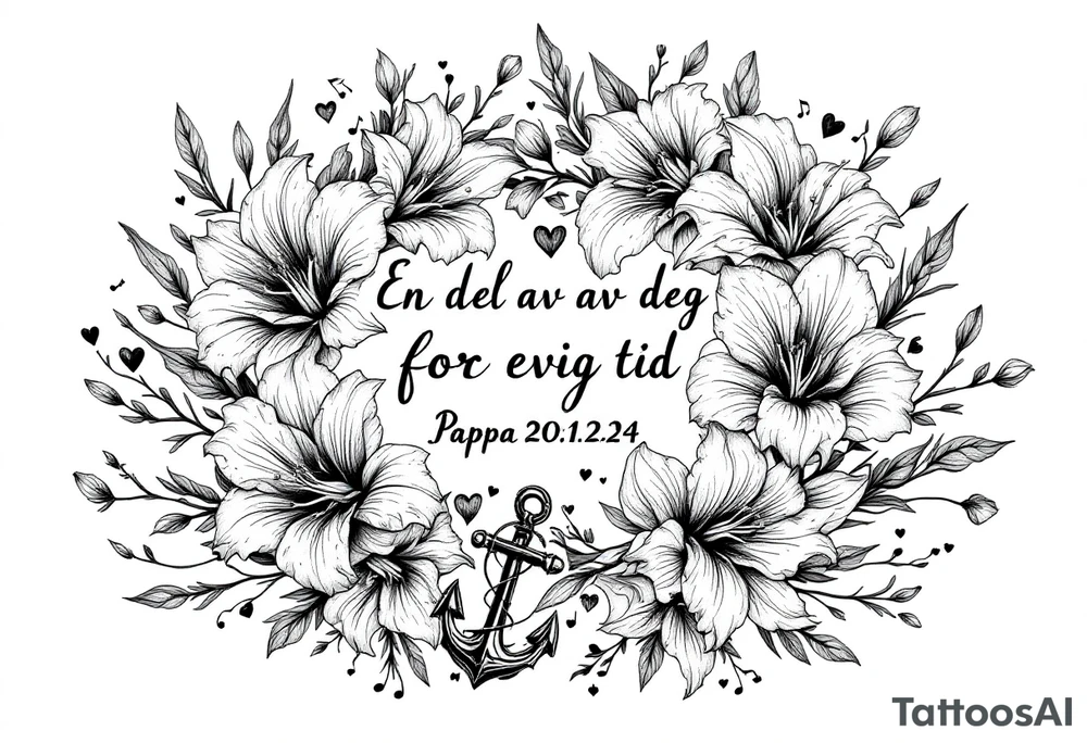 «En del av deg for evig tid
Pappa 20.12.24» Surrounded by long gladiolus, hearts, notes and an anchor tattoo idea