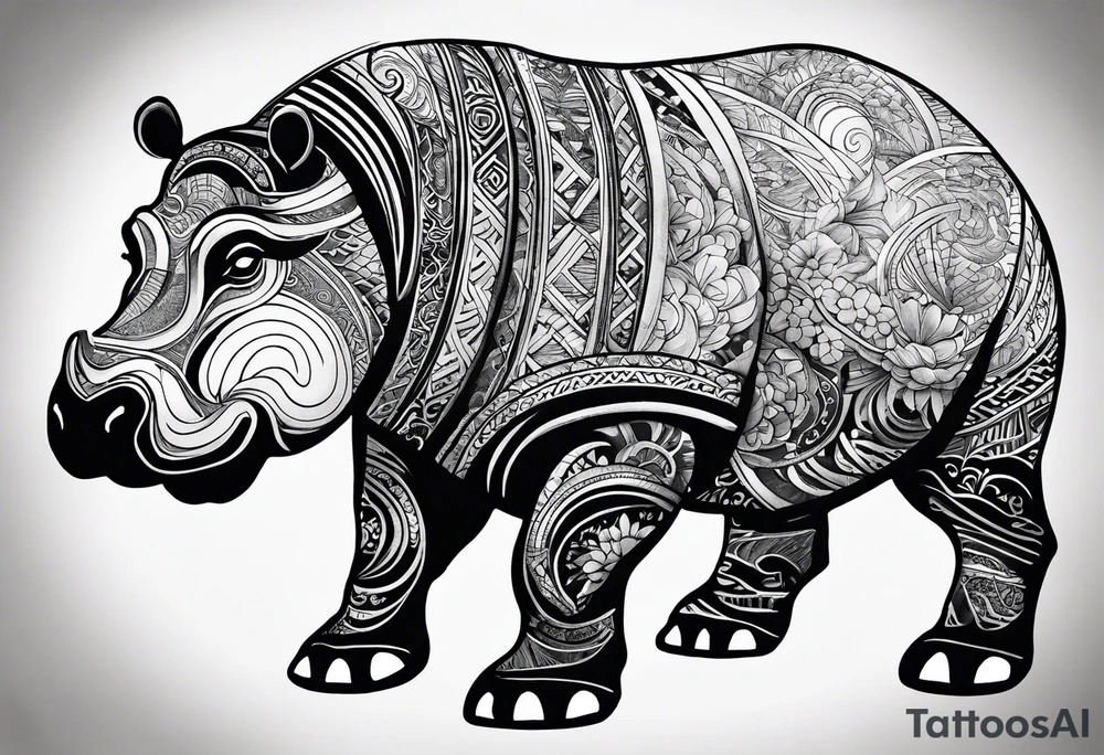 Asymmetrical, geometric, chinese ink art touch, hippo , full moon, tribal, size 9:16 tattoo idea