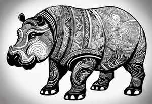 Asymmetrical, geometric, chinese ink art touch, hippo , full moon, tribal, size 9:16 tattoo idea