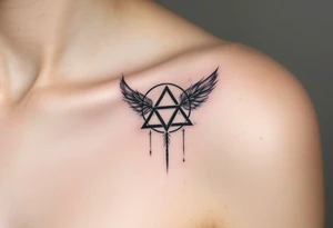 A black triquetra surrounded by angelic feathers, symbolizing divine protection and purity. tattoo idea