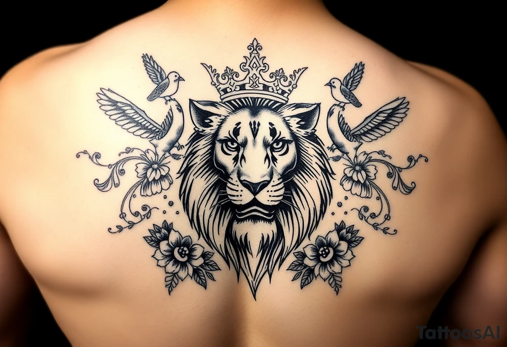 powerful majestic lion with a crown, surrounded by floral ornaments and birds tattoo idea