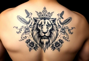 powerful majestic lion with a crown, surrounded by floral ornaments and birds tattoo idea